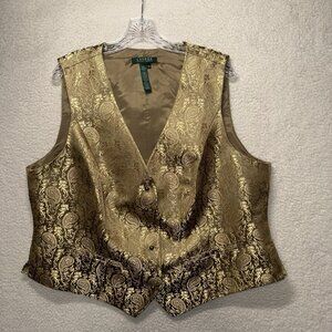 Ralph Lauren Vtg Y2K Silk Brocade Gold Metallic Paisley Textured Vest Size 18W